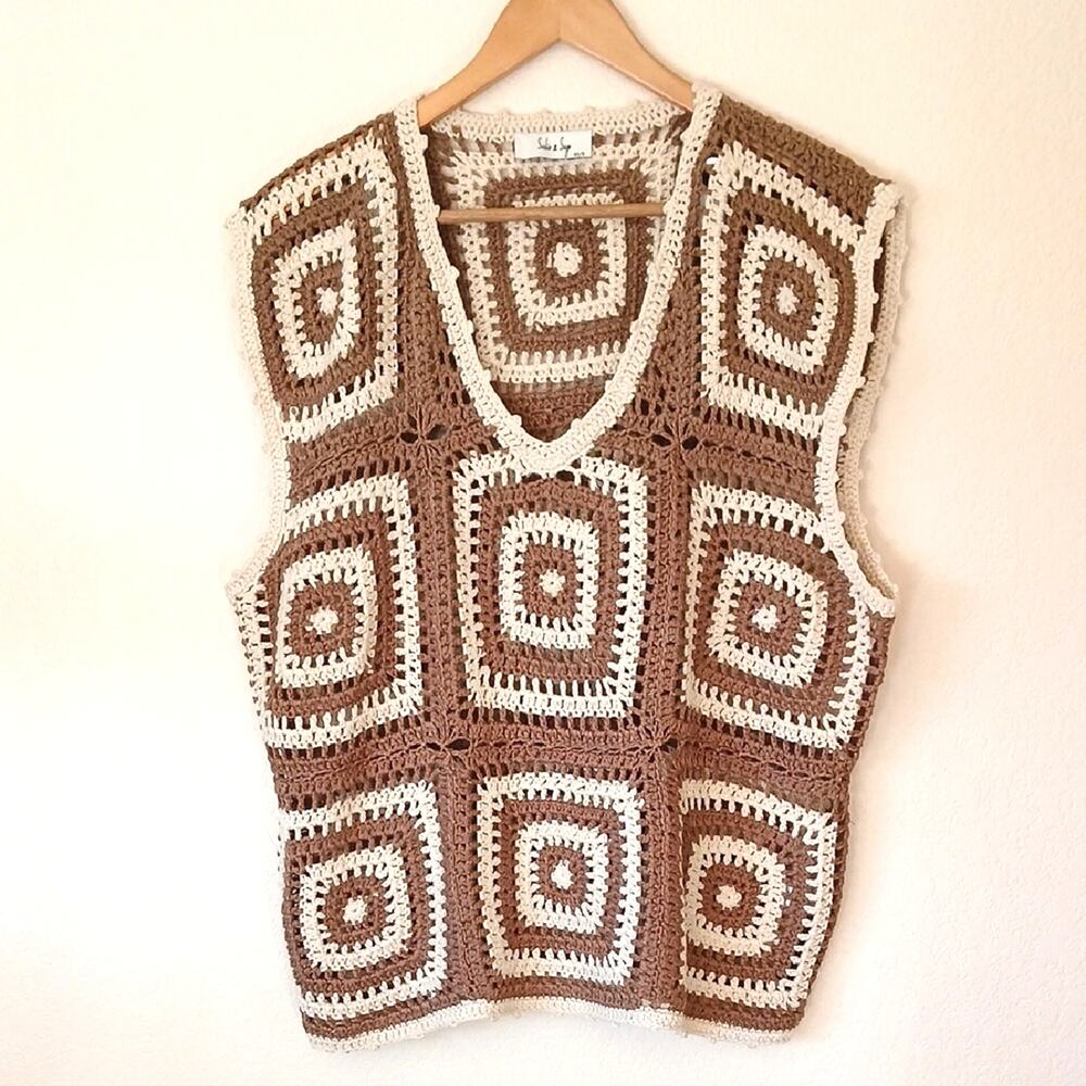 Sadie And Sage Open Knit Granny Square Sweater Vest Oversized